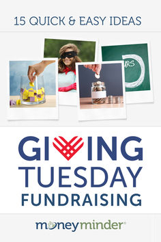 the giving tuesday fundraiser flyer is shown with images of people in glasses and cake on it