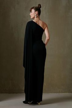 Shop for Namrata Joshipura Black Jersey One Shoulder Gown for Women Online at Aza Fashions Black Wedding Gown With Asymmetrical Neckline, Black One-shoulder Dress With Asymmetrical Neckline For Wedding, Black One Shoulder Dress With Asymmetrical Neckline For Wedding, Motif Jersey, Namrata Joshipura, Gown For Women, Cape Style, One Shoulder Gown, Black Leaves