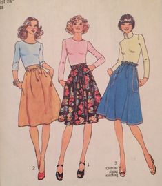 three women's skirts, one in blue and the other in pink with flowers on them