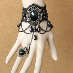 Include: Bracelet Product Code:  LIN01284 Color:  Black Gender:  Female Materials:  Black Lace,Bronze Alloy Accessories,Artificial Pearls,Resin Diamonds,Chain Notice:  Other Accessories Are Not Included Length:  13cm Style Types:  Gothic Womens Trend:  Fashion Fashion Women'S Retro Lace Bracelet Ring One Chain Matching Jewelry. The Width Of The Bracelet Lace Is About 5cm. The Front Lace Part Of The Normal Size Is About 13CM, Including The Two Metal Pieces That Clamp The Lace, And The Back Is The Gothic Accessories Jewellery, Goth Fashion Aesthetic, Gothic Belt, Goth Fits, Black Pearl Bracelet, Goth Princess, Style Types, Pretty Accessories, Lace Bracelet