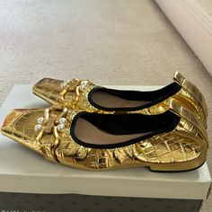 Bryan New Gold Shoes With White Pearl, Unique Comfortable Trendy Gold Flats For Spring, Casual Gold Flats For Party, Casual Gold Synthetic Flats, Gold Synthetic Flats For Spring, Spring Gold Synthetic Flats, Gold Synthetic Flats With Round Toe, Gold Shoes, White Pearl, Pearl White