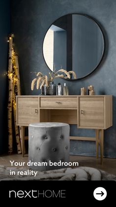 an advertisement for nexthome featuring a vanity with mirror and stool in front of it