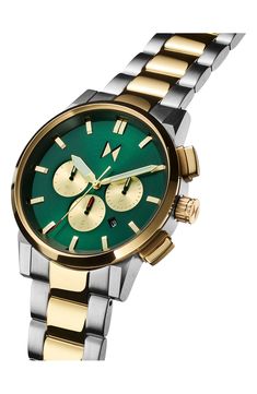 This sleek, modern watch is cleanly styled with a guilloche dial, slender cutout hands, alternating stick indexes and a two-tone brushed-finish bracelet. 44mm case, 18mm band width Deployant clasp closure Quartz movement Mineral crystal face Stainless steel Imported Mvmt Watches, Green Watch, Mens Tools, Modern Watches, Rollerball Perfume, Walker Shoes, Quartz Bracelet, Designer Clothes For Men, Minerals Crystals