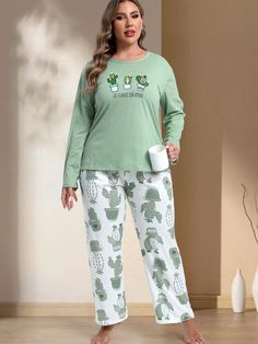 Autumn & Winter Plus Size Casual Pajama Set - Cute & Quirky Cartoon Print, Long Sleeve Top & Pants, Round Neck Homewear Ensemble, Relaxed Fit With Trendy Style Green Cute,Elegant,Cute-Funny,Casual-Young,Casual-Woman  Long Sleeve  Animal,Cartoon,Plants Pant Sets Medium Stretch Fall,Spring/Fall,Winter Women Plus Sleep and Lounge, size features are:Bust: ,Length: ,Sleeve Length: Trendy Pajamas, Cartoon Cactus, Winter Plus Size, Cactus Pattern, Plus Size Pajamas, Comfortable Home, Coverup Skirt, Animal Cartoon, Pant Sets