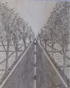 a drawing of a road with trees on both sides and a person standing at the end