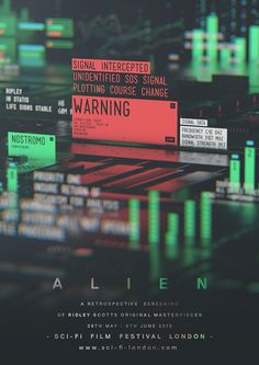 a poster with the words alien warning on it's front and back side, surrounded by data