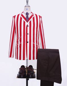 "Mod Boating blazer red and white striped 60% cotton & 40% woolen blended fabric Jacket: 3 button jacket matching burgundy plain button 2 1/2\" wide notch lapel High button jacket 1 Breasted patch pocket, 1-1 front hips flap pocket and right side one traditional ticket pocket with flap 4 buttons non working cuff single vent at the back Matching color tonic lining Dry clean only Tailor made jacket N.B These jacket are tailored fit Note: Dear valuable customers this jacket is made to order. Pr Boating Blazers, Mod Suits, Funky Clothes, Oc Outfits, Funky Outfits, Black Houndstooth, Button Jacket, Mod Fashion, Pocket Jacket