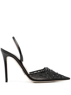 black calf leather mesh panelling crystal embellishment pointed toe slingback strap branded insole 95mm high stiletto heel Valentino Mesh Heels, Expensive Heels, Expensive Shoes, Female Shoes, High Shoes, Leather Mules, Black High Heels, Crystal Embellishment, High Heels Stilettos