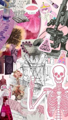 a collage of pink and purple images with various items on them, including an image of a skeleton