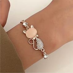 Rose Gold Cat Bracelet Cute And Trendy Rose Gold Charm Bracelet For Valentine's Day Party, Rose Gold Cat Design Jewelry For Gift, Rose Gold Cat Design Jewelry Gift, Valentine's Day Gold Cat Design Jewelry, Gold Jewelry With Cat Design For Party, Cute Rose Gold Charm Bracelet For Gift, Cute Rose Gold Charm Bracelet Gift, Elegant Party Jewelry With Cat Design, Elegant Cat Design Jewelry For Party