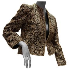 For Sale on 1stDibs - A stunning 1980s Bill Blass evening jacket of traditional Indian inspiration. Heavily encrusted all over with chain embroidery gold work. Imported fabric. Luxury Gold Outerwear For Evening, Elegant Silk Outerwear With Zari Work, Elegant Fall Outerwear With Zari Work, Luxury Festive Evening Outerwear, Fitted Party Outerwear With Gold Embroidery, Elegant Silk Outerwear With Intricate Embroidery, Festive Party Outerwear With Gold Embroidery, Gold Embellished Outerwear For Formal Occasions, Formal Gold Brocade Outerwear