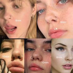 four different pictures of women with piercings and nose rings on their faces, including one woman's nose