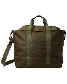 a brown and green duffel bag on a white background