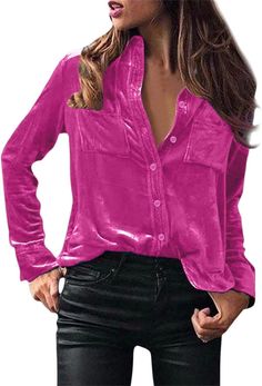 PRICES MAY VARY. Made from premium fabric, this long sleeve button down velvet tops for women is very soft and breathable, the lining is so friendly to your skin, super cozy to touch and extremely comfortable to wear for whole day. Featuring long sleeve, turn down collar, button down closure, two pockets on front, solid color, loose fit, this elegant vintage velvet tops for women is so fashionable, very easy to dress up or down. This long sleeve glitter velour tops for women could be matched wit Button Up Shirt With Leggings, Shirt With Leggings, Pink Button Up Shirt, Autumn Clothing, Fashion Tops Blouse, Velvet Shirt, Velvet Blouses, Mini Robes, Elegant Shirt