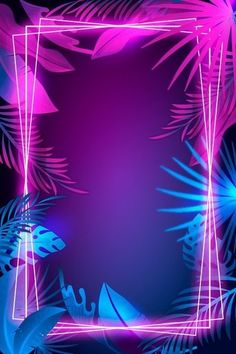 neon frame with tropical leaves on dark background