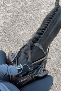 a person sitting on a horse's back with their foot in the saddle