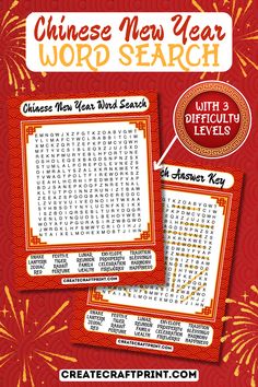 Festive Chinese New Year word search printable featuring a vibrant red and gold design with firework accents. Includes 3 difficulty levels (easy, medium, and hard) to suit kids and adults. The image showcases a sample word search puzzle, answer key, and a list of themed words like 'lantern,' 'prosperity,' and 'dragon.' Perfect for family activities, classroom fun, or party games during Lunar New Year celebrations. Text overlay reads 'Chinese New Year Word Search' and 'With 3 Difficulty Levels. Chinese New Year Games, New Year Word Search, Chinese New Year Printables, Chinese New Year Activity, New Year Games, New Year Activity, Free Word Search Puzzles, New Year Printables, New Year Words