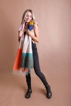 Who says you can't wear art? The Color Block Soft Faux Mohair Scarf is like a vibrant painting you can drape around your shoulders. Fashioned from 100% acrylic, it mimics the lush texture of mohair, all while being animal-friendly. Measuring a generous 82 inches by 14.5 inches with a 4.5-inch tassel, it's not just a scarf—it's a statement. Made from 100% acrylic. Scarf Cardigan, Mohair Scarf, Sorority Rush Dresses, Color Block Scarf, Stocking Stuffers For Women, Bachelorette Dress, Casual Bodysuit, Cozy Accessories, Rush Dresses