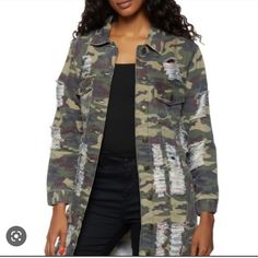 Thrill Jeans Womens Distressed Camo Denim Jacket Size M Green/Black Cotton Nwt Ripped Long Sleeve Outerwear For Fall, Ripped Long Sleeve Cotton Outerwear, Distressed Denim Jacket In Grunge Style For Fall, Distressed Grunge Denim Jacket For Fall, Edgy Ripped Cotton Outerwear, Edgy Ripped Winter Outerwear, Distressed Denim Jacket For Fall, Winter Distressed Outerwear, Casual Distressed Fall Outerwear