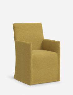 an upholstered chair with a mustard colored seat and back, viewed from the front