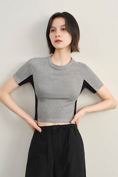 Fibflx Women's Stretchy Ribbed Crewneck Colorblock Cropped T Shirt Gray Short Sleeve T-shirt With Splicing, Gray Spliced Short Sleeve T-shirt, Gray Spliced Short Sleeve Top, Trendy Stretch Gray T-shirt, Trendy Gray Stretch T-shirt, Fitted Summer Top With Splicing Details, Stretch Tops With Contrast Color, Gray High Stretch Casual Tops, Stretch Crop Top With Contrast Color