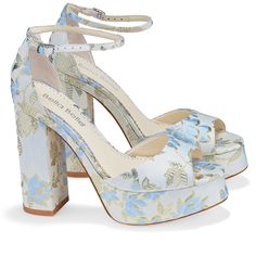 Blue Floral Jacquard Platform Sandals, Catarina | Bella Belle Flower Fabric Pattern, Pretty Heels, Next Shoes, Beautiful Sandals, Floral Jacquard, Swag Shoes, Jacquard Pattern, Prom Shoes, Platform Heel