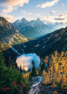 a mountain lake surrounded by trees and mountains