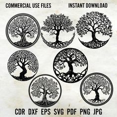 the tree of life is shown in black and white, as well as four circular designs