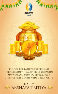 happy akshaya tritiya greeting card with gold coins and pot on orange background