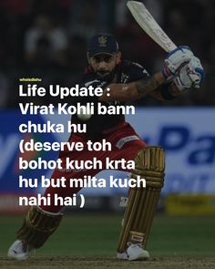 a man holding a cricket bat on top of a field with the words life update written in