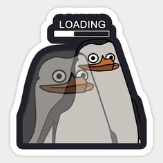 a penguin with a loading sign on it's head and two penguins facing each other