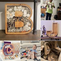 a collage of photos with letters and numbers made out of wood, including a baby sitting on the floor