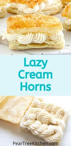 some kind of pastry that is sitting on a white surface with the words lazy cream horns