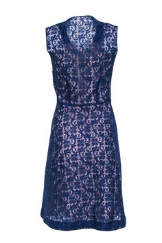 Look your best at your next occasion in this oh-so-stylish Mayle blue lace dress. The v-neckline with linen trim adds a touch of sophistication, while the A-line style ensures a flattering fit. Perfect for making an impression in the office or dressing up for a special event! Size 8 95% Cotton, 5% Nylon Linen trim V-neckline A-line silhouette Sleeveless Lined Bust 30" Waist 28" Shoulder to hem 39" Blue Lace Dress With Lace Bodice For Spring, Chic Blue Dress With Scalloped Lace, Sleeveless Blue Lace Dress With Lace Bodice, Blue Sleeveless Lace Bodice Dress, Blue Lace Trim Summer Dress, Blue Lace Dress With Lace Bodice, Chic Blue Scalloped Lace Dress, Blue Sleeveless Lace Dress With Lace Trim, Blue Sleeveless Lace Dress With Lace Patchwork