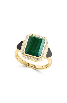 White diamonds add glamour and brilliance to a ring featuring malachite stone inlay and a 14k gold finish. Total diamond weight: 0.16ct. 14K gold/diamond/malachite Made in the USA Formal Malachite Gemstone Rings, Elegant Malachite Gemstone Ring, Elegant Malachite Ring Jewelry, Elegant Malachite Ring As Gift, Formal Malachite Gemstone Jewelry, Malachite Gemstone Jewelry For Formal Occasions, Elegant Green Malachite Rings, Malachite Ring, Malachite Rings