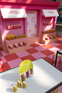 a pink and white checkered table with jars of marmalade in front of it