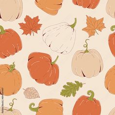 Happy Thanksgiving Day background. Colorful seamless pattern with pumpkins and fall leaves. Modern vector repeating illustration Gourds Art, Gourd Art, Fall Kids, Place Mats, Autumn Aesthetic, Fall Leaves