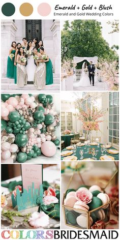 the color scheme for emerald and gold wedding colors is green, teal, peach, pink