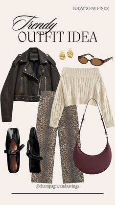 How many 2024 fall fashion trends can we fit in one outfit? For this leather jacket outfit- If you’re wondering how to style leopard jeans, how to style Mary Jane flats, or how to add a pop of burgundy to your outfit this fall- then this women’s autumn outfit is perfect! Would make a cute fall date night outfit or just a chic style to rock for a night out with friends! How To Style Mary Janes, Leopard Jeans, Leather Jacket Outfits, Jacket Outfit, Mary Jane Flats, Trends 2024, Going Out Outfits, Autumn Outfit, Fall Fashion Trends