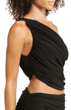 Make a splash in a Grecian-style swim top featuring a one-shoulder neckline and flattering ruched details at the front and back. One-shoulder neck Partially lined 95% polyester, 5% spandex Machine wash, dry flat Imported Stretch Ruched One Shoulder Top With Asymmetrical Neckline, Ruched One-shoulder Top With Asymmetrical Neckline, Ruched One Shoulder Top With Asymmetrical Neckline, Asymmetrical Ruched One Shoulder Top For Night Out, Fitted Ruched One Shoulder Top With Asymmetrical Neckline, Fitted Black One Shoulder Top With Ruched Detail, Stretch Ruched One Shoulder Top, Black Ruched One-shoulder Top For Summer, Black Ruched One Shoulder Top For Summer