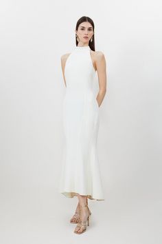 Tall Compact Stretch Waterfall Hem High Neck Midi Dress Turtle Neck Formal Dress, White Cocktail Dress Classy, White High Neck Dress, Knee Length Dresses Formal, Bride Jumpsuit, Cream Midi Dress, High Neck Midi Dress, Midi Dress Formal, Outfit Wedding Guest