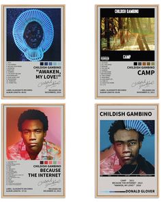 four posters with different faces and words on them