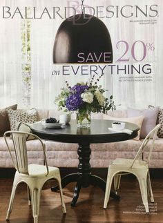 a magazine cover with an image of a table and chairs on the cover, which reads ballard designs save 20 % off everything