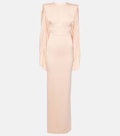 Caped crêpe satin gown in pink - Alex Perry | Mytheresa Fitted Satin Finish Pre-draped Maxi Dress, Evening Gown With Satin Finish And Maxi Length, Evening Gown With Satin Finish In Maxi Length, Pre-draped Satin Finish Maxi Evening Dress, Fitted Silk Crepe Floor-length Maxi Dress, Formal Floor-length Crepe Dresses, Fitted Silk Crepe Evening Dress, Elegant Evening Crepe Maxi Dress, Elegant Crepe Maxi Dress For Evening