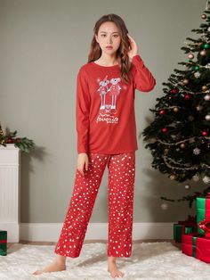 Teen Girl 2pcs Christmas Minimalist Star & Firework Mouse Print Flame Retardant Loungewear Pajama Set - Red Multicolor     Christmas,Geometric,Letter,Polka Dot,Slogan Pant Sets Slight Stretch  Teen Girls Clothing, size features are:Bust: ,Length: ,Sleeve Length: Neutral Silk, Christmas Minimalist, Multicolor Christmas, Smocked Skirt, Grey Colour Suit, Mouse Print, Traje Casual, Floral Dresses Long, Top And Pants Set