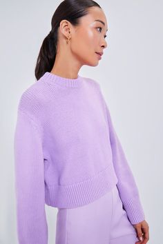 The Lilac Aiden Sweater is a perfect style for year-round wear. Flattering details include the slightly cropped length, ribbed borders, and relaxed fit. The sweet light purple is our favorite part- pair with denim and booties in the winter, and a mini skirt and sandals in the summer! Ribbed crewneck Dropped shoulders Long sleeves with ribbed cuffs Relaxed body Ribbed hem Slightly cropped length Material: 100% Cotton Care: Machine wash cold, tumble dry low, low iron Summer Style Guide, Lisa Marie Fernandez, Olympia Le Tan, Low Low, Cocktail Attire, Perfect Style, Weekend Wear, Low Iron, Night Looks