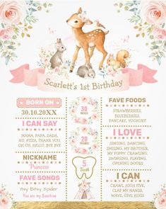 a pink and gold first birthday party poster with deers, flowers, and hearts