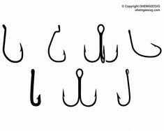 four different types of fishing hooks are shown in black ink on a white paper background