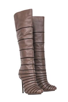 Current Boutique-L.A.M.B. - Brown Leather Knee High Boots Sz 9.5 Beige Leather Knee-high Winter Boots, Winter Heeled Boots For Wide Calves In Calf Leather, Winter Heeled Boots In Calf Leather For Wide Calf, Wide Calf Heeled Boots In Calf Leather For Winter, Winter Calf Leather Boots With Leather Lining, Winter Knee-high Leather Lined Pointed Toe Boots, Winter Knee-high Boots With Pointed Toe And Leather Lining, Winter Leather Lined Pointed Toe Knee-high Boots, Formal Brown Winter Boots