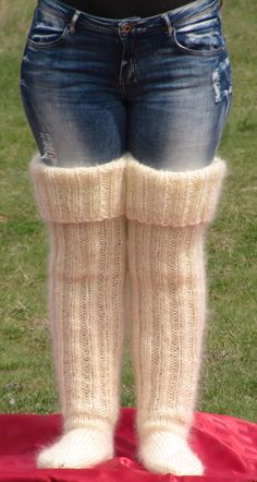 HAND KNITTED STOCKINGS / HUGE  UNISEX  SOCKS ### DESIGNED & CREATED by Giorgio Qualitat ### Product Specification: §  Color:          Ivory / Ecru / Off White / Cream; §  Style:          Hand knitted ribbed mohair stockings; §  Material:     2 strands premium class longhair mohair; Size & Measurements: §  Length from heel to upper end: 34.6 " / 88 cm; §  Circumference at the upper end:     14.2 '' / 36 cm § Length from toe to heel: 11.0 ''  / 28 cm §  Net weight: 454 g* Cream Thigh High Winter Socks, Cream Knitted Socks For Winter, Black Leg Warmers, Knitted Leg Warmers, Knit Leg Warmers, Leg Warmer, Stockings Legs, Cream Style, Long Socks